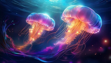 Naklejka premium Neon Jellyfish Swimming Through Surreal Cosmic Waters – Abstract Dreamlike Ocean Art