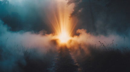 A sunburst pierces through a misty forest path, creating an ethereal and hopeful atmosphere. Light and shadow interplay on the woodland floor.