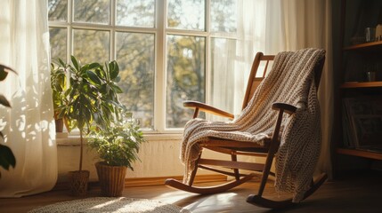 Fototapeta premium Rocking chair bathed in warm morning light beside a large window in a vintage interior setting