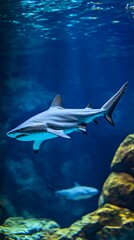 Sleek megalodon glides through deep waters, contrasting with a bulky silhouette in the background, embodying elegance and power.
