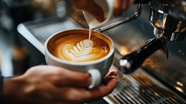 A barista making latte art in a cozy, well-lit coffee shop with a modern interior.