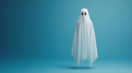 whimsical ghost figure stands against soft blue background, evoking playful and lighthearted atmosphere. ghost, draped flowing white sheet, features large, round eyes that add charming touch to