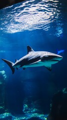 Fototapeta premium Sleek megalodon glides through deep waters, contrasting with a bulky silhouette in the background, embodying elegance and power. 
