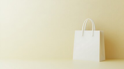 Single white paper shopping bag on yellow background.