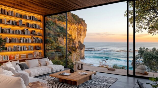 Luxurious living room with panoramic overlooking a breathtaking coastal landscape and ocean view at sunset
