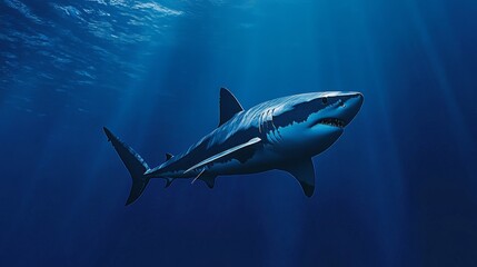 Obraz premium Sleek megalodon glides through deep waters, contrasting with a bulky silhouette in the background, embodying elegance and power. 