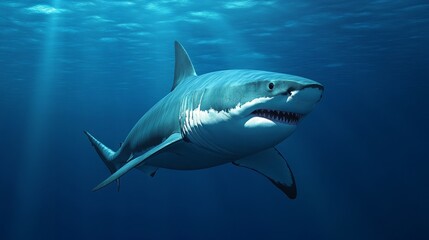 Fototapeta premium Sleek megalodon glides through deep waters, contrasting with a bulky silhouette in the background, embodying elegance and power. 