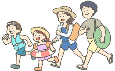 水着姿の夏の家族のイラスト
