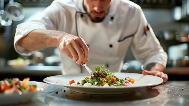 A chef plating gourmet dishes with precision and artistry in a culinary studio.