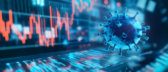 A digital representation of a virus with data graphs, illustrating the intersection of health and technology in data-driven environments.