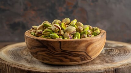 A wooden bowl filled with shelled pistachios, highlighting their green color.