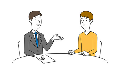 男性の相談員にアドバイスを聞く男性