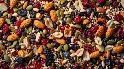 A close-up of a trail mix with a variety of nuts, seeds, and dried berries.
