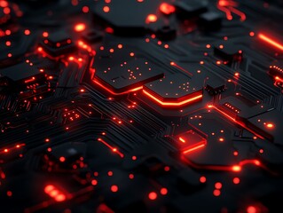 A close up image of a circuit board with red lighting