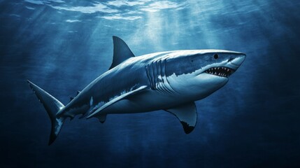 Obraz premium Sleek megalodon glides through deep waters, contrasting with a bulky silhouette in the background, embodying elegance and power. 