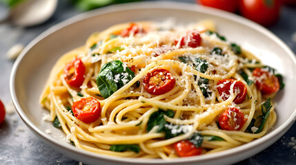 A spinach and roasted tomato pasta with garlic and parmesan cheese.