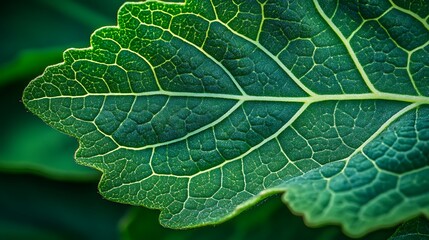 Fototapeta premium Close-up of a vibrant green leaf showcasing intricate vein patterns and texture.