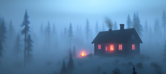 A secluded cabin in a forest emitting warm light in darkness