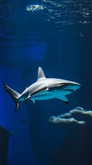 Fototapeta premium Sleek megalodon glides through deep waters, contrasting with a bulky silhouette in the background, embodying elegance and power. 