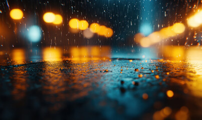 Fototapeta premium hyper realistic close up of heavy rain pouring down, creating mesmerizing effect on wet surface below, with vibrant bokeh lights in background adding depth and emotion