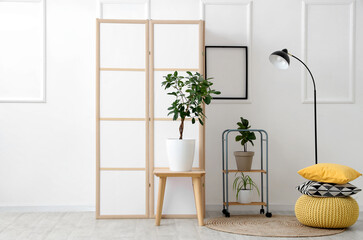 Interior of room with stylish folding screen, shelving unit and houseplants near white wall
