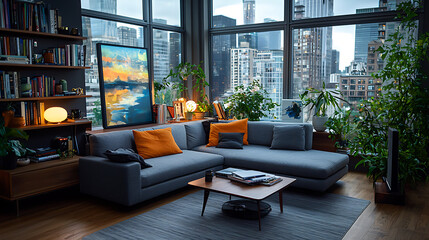 Modern living room with smart furniture arrangement urban setting interior design cozy atmosphere wide angle view sustainable concept