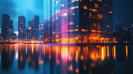 Obraz premium Cityscape Reflections: An architectural marvel shimmers on the water surface, with vibrant lights against the night sky, showcasing the beauty of urban life.