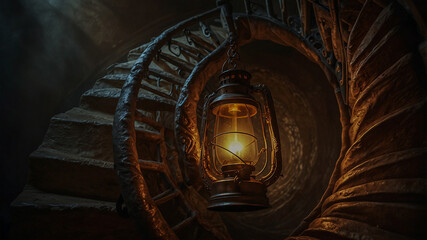 Rustic Lantern Lighting a Spiral Stone Staircase..