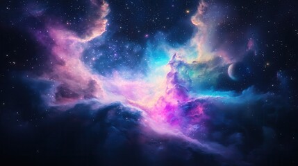 A vivid cosmic scene showcasing a colorful nebula filled with stars, blending hues of purple, blue, and pink against a dark backdrop.