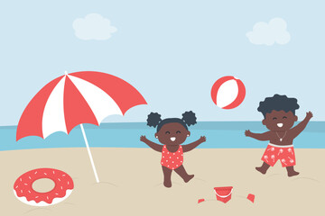 Little Kids Have Fun on the Beach. Happy Black Children in Beach Wear. Baby Boy, Baby Girl in Red Swimsuits Play Ball on the Coast. Beach Umbrella, Donut Swimming Ring, Bucket, Clouds. Vector Image