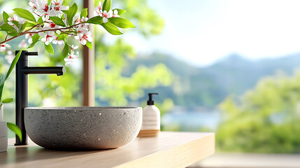 Nature-inspired bathroom design with stone basin indoor environment aesthetic decor tranquil viewpoint serenity concept for modern living
