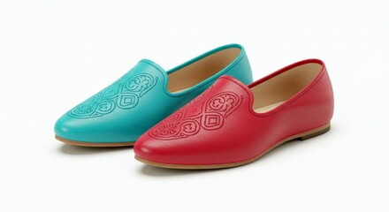 Stylish Embroidered Women s Slippers Teal Red Leather Loafers Comfortable Flat Shoes