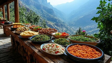 Delicious Mountaintop Feast Abundant Food Platter Fresh Ingredients Healthy Dishes Vibrant Colors Sunny Day Natural Setting       