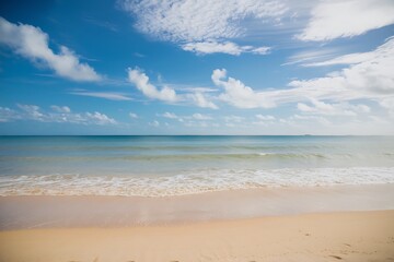 tropical beach with blue sky and clouds,Scenic Summer Beach Resort with Turquoise Water and Greenery