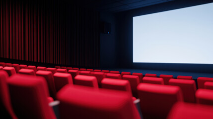 Fototapeta premium modern cinema hall featuring empty red seats and large blank screen, creating inviting atmosphere for moviegoers. dim lighting enhances anticipation of film experience