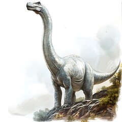 Obraz premium Majestic Sauropod Dinosaur on a Rocky Outcrop. A digital painting of a prehistoric creature in a serene landscape.