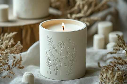 White candle with floral design.