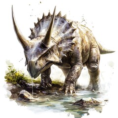 Fototapeta premium Majestic Prehistoric Creature by the Water A Digital Painting of a Triceratops.