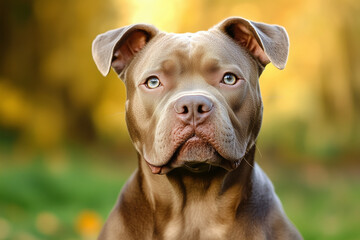 Brown pitbull dog with blue eyes in autumn park