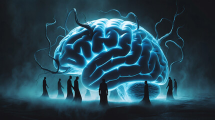 Giant Brain over Figures: A surreal scene where a large, glowing brain looms over silhouetted figures in a foggy, dreamlike landscape.
