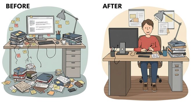 Organizing Desk Space Before and After Illustration for Productivity Concept