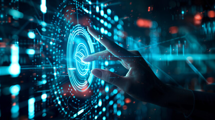 hand touching floating virtual button in high tech environment, showcasing advanced technology and digital interaction. scene conveys sense of innovation and futuristic design