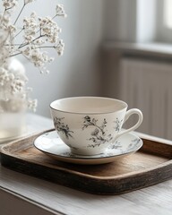 Fototapeta premium Elegant Vintage Teacup on Wooden Tray with Delicate Flowers and Bright Natural Light