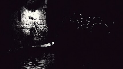 Obraz premium A boat sails on water beneath a lit up ancient wall