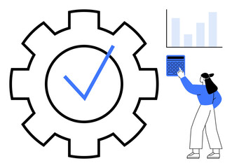 Woman using calculator beside gear with checkmark and bar chart. Ideal for productivity, efficiency, planning, analysis, workflow, decision-making, goal-setting. Flat simple metaphor