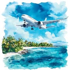 Naklejka premium Airplane Landing Over Tropical Island Paradise A Watercolor Painting of Travel and Vacation.