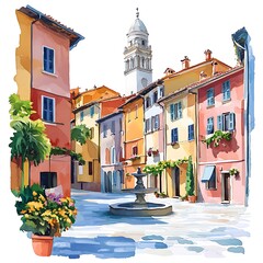 Obraz premium Idyllic Italian Town Square A Charming Watercolor Painting of a Picturesque European Village.