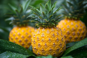 Close-up of ripe pineapples growing in a garden