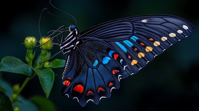 Black butterfly with colorful spots feeding on yellow flower. - Powered by Adobe