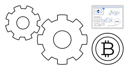 Gears representing processes, Bitcoin symbol for cryptocurrency, digital dashboard for analytics. Ideal for technology, innovation, crypto, blockchain, economy finance automation. Flat simple